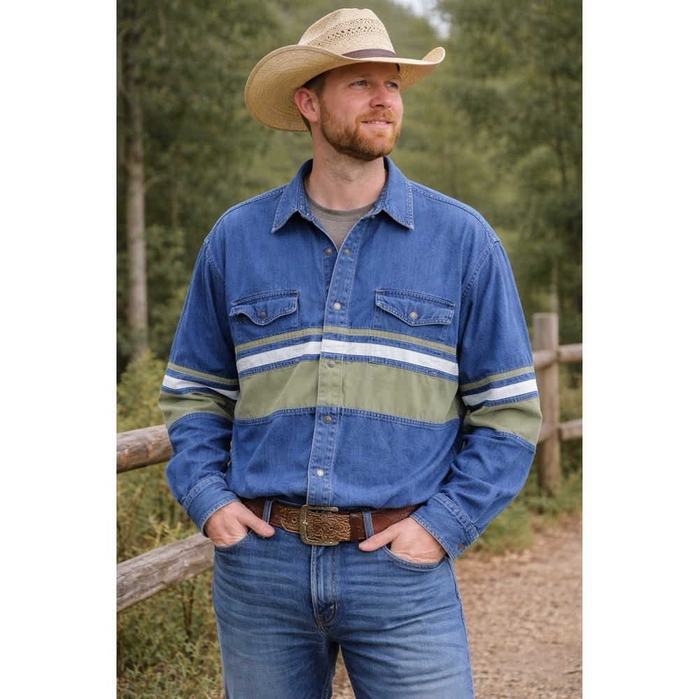 Roper Denim Shirt Mens XL Blue Western Button Up‎ Colorblock Vintage